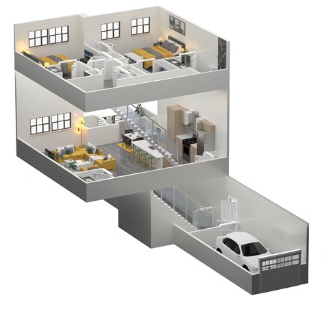 isometric view of a 3d floor plan of a house with a car at The Franklin Marlboro Apartments, Marlboro